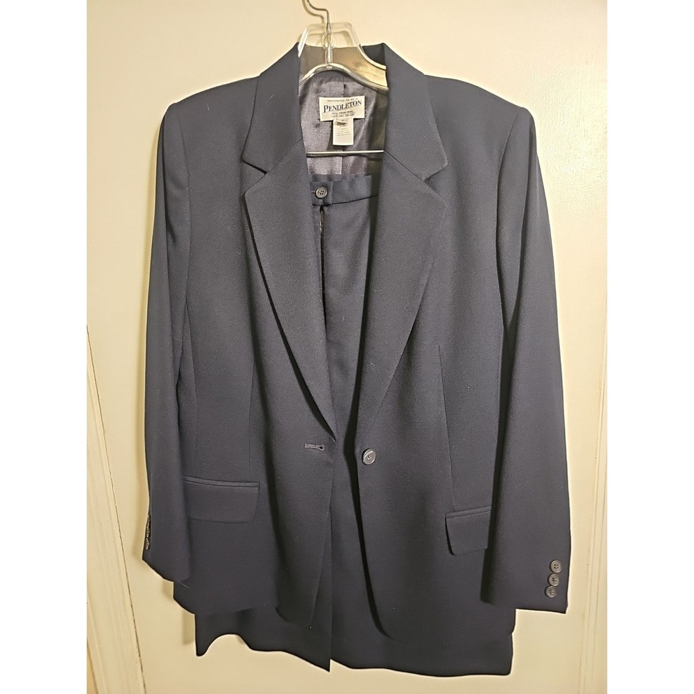 VINTAGE PENDLETON NAVY BLUE VIRGIN WOOL JACKET & SKIRT SUIT SET SIZE 8